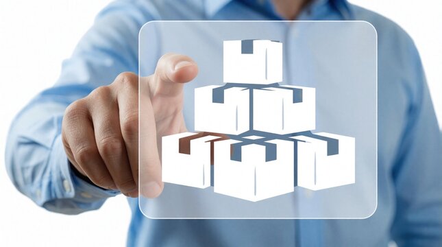 Man touches digital screen showing stacked cargo boxes. This graphic represents supply chain and logistics management with delivery tracking and inventory control.