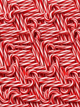 Interwoven red and white candy canes create a dense pattern and texture in a vertical portrait orientation for festive marketing campaigns, seasonal backgrounds, and holiday design templates.