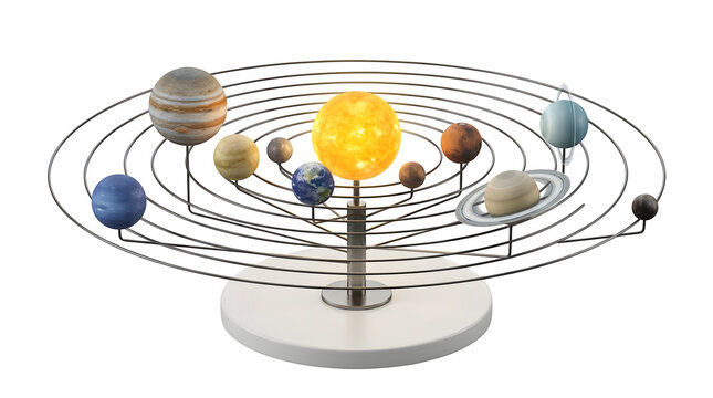 A detailed model of the solar system featuring the sun and orbiting planets isolated on transparent background