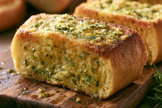 Freshly baked garlic bread on a wooden cutting board with melted herbs and butter in a kitchen setting