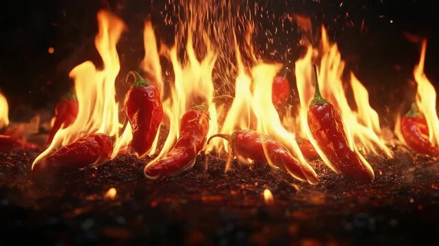 Fiery red chili peppers in flames highlighting heat and spice