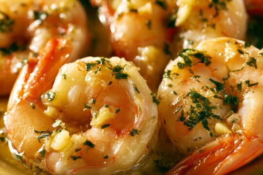 Shrimp cooked with garlic and herbs served on a plate