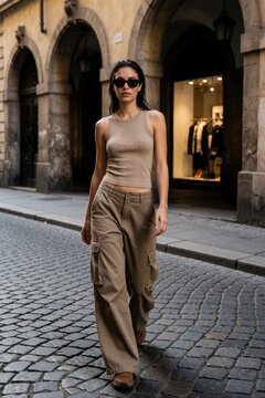 Young brunette woman walks along cobblestone street in city. Wears stylish sunglasses, tan tank top, cargo pants. Pretty model poses for portrait enjoying outdoor urban lifestyle. Casual autumn
