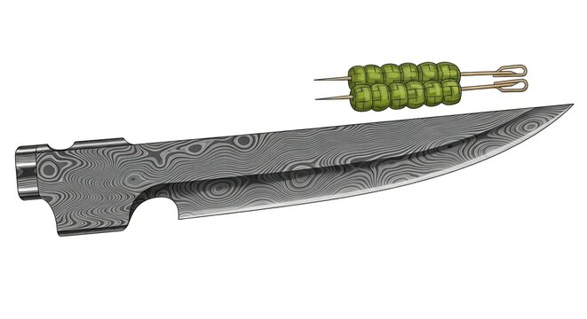 Damasco Steel Knife Blade with Skewers of Green Food Cubes, Illustration