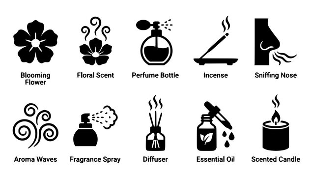 Floral Aroma Perfume Incense and Scent Solid Vector Icon Set