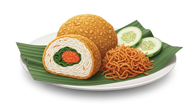 Delicious Gudeg Jogja Illustration: Savory Jackfruit Stew with Rice, Fried Noodles, Cucumber, and Banana Leaf