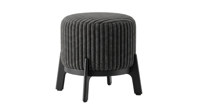 Modern charcoal grey upholstered ottoman, round fabric footstool with black wooden legs, elegant pleated velvet pouf for living room decor