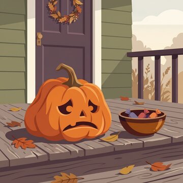 sad deflated jack-o-lantern pumpkin on wooden porch with candy bowl autumn illustration - ai generated
