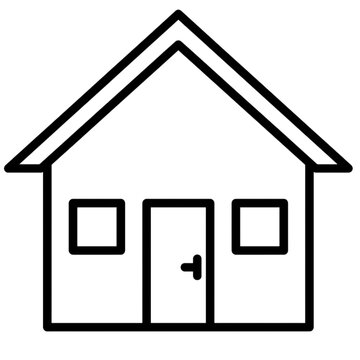 Minimalist black line icon of a simple house with two windows and a central door on a white background