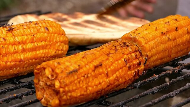 Close-up of golden seasoned corn cobs being turned with metal tongs on a outdoor barbecue grill