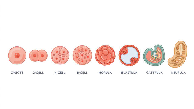 Embryonic development stages from zygote to neural tube formation with clear labels