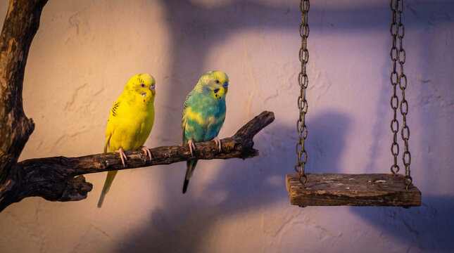Pair of Cute Yellow and Green Parakeets Sitting on Branch