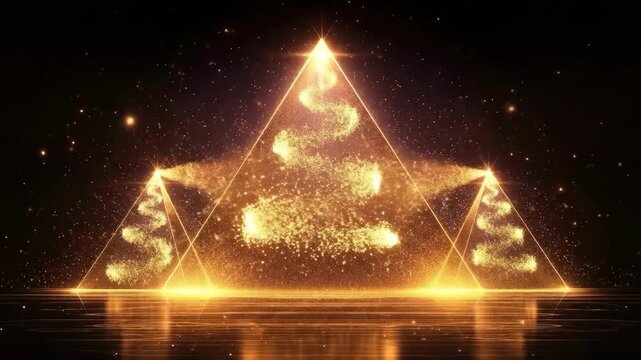 Glowing pyramid trio with sparkling effects on black background. Black Friday sale