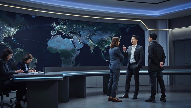 Professionals discussing data in a security control center with a large digital world map background