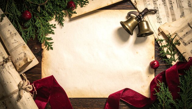 Nostalgic Christmas frame featuring aged music sheets, brass bells, red velvet ribbon, and fir branches around blank paper with copy space for festive greeting, nobody.