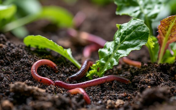 Close-up of moving compost worms on a nature background