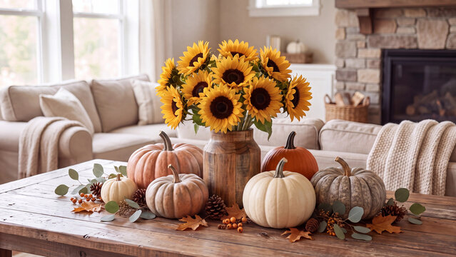 Rustic autumn home decor with sunflowers and pumpkins, cozy living room table centerpiece, fall seasonal interior design
