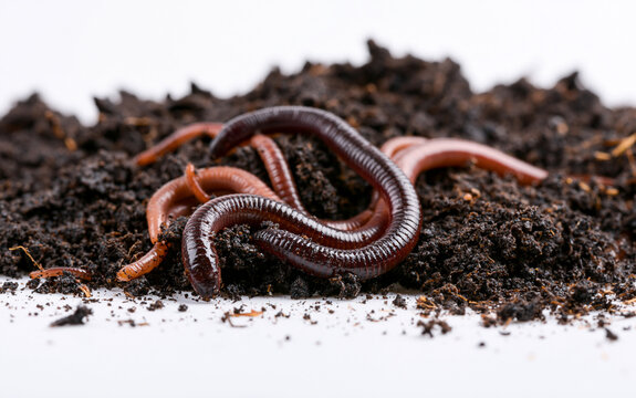 Close-up of moving compost worms on a white background
