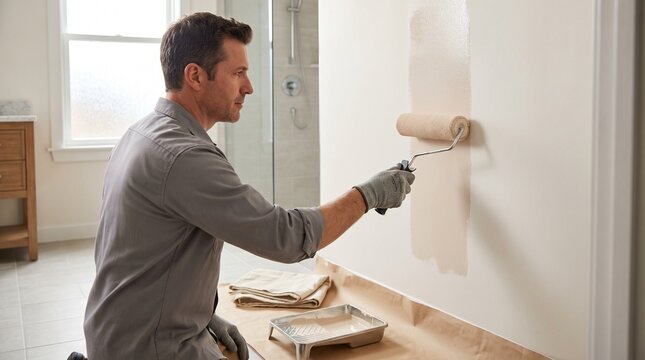 Painter applying bathroom wall paint, fresh renovation finish, professional residential remodel service creating clean modern moisture ready bathroom walls
