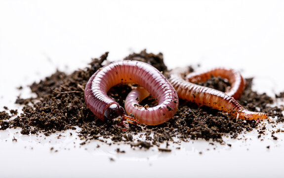 Close-up of moving compost worms on a white background