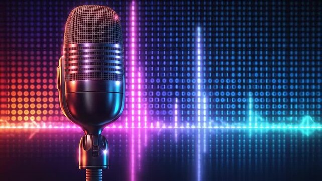Vintage microphone with colorful soundwave background in studio setting