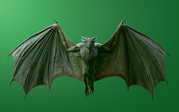 Dragon wings flapping against green screen background. Fantasy creature body parts for visual effects and CGI production.