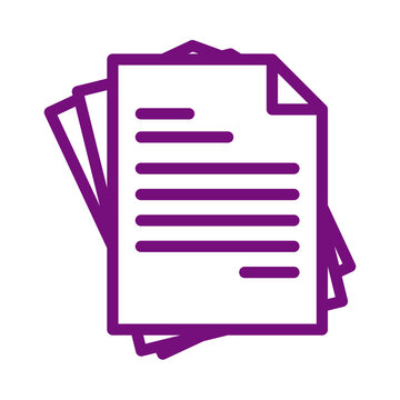 Modern digital purple outline icon representing multiple stacked document files with text lines for business administration and office work transparent background