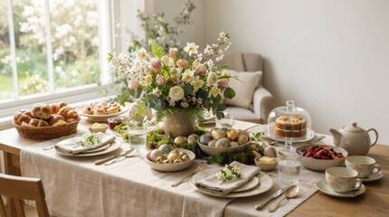 Fototapeta premium Beautiful Easter Brunch Table with Spring Flowers Decorated Eggs and Fresh Pastries