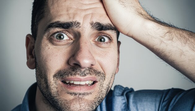 Man with wide eyes and hand on forehead expressing shock, worry, or forgetfulness.