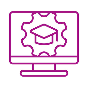 Online education learning management system settings icon with graduation cap and computer monitor display transparent background