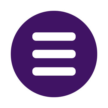 Modern user interface hamburger menu icon representing navigation options in a purple circle with white horizontal bars for digital applications transparent background