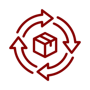 Red outline icon illustrating a continuous delivery and return process for modern business logistics operations transparent background
