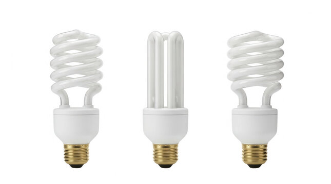 Collection of three energy efficient light bulbs on transparent background for eco friendly design projects