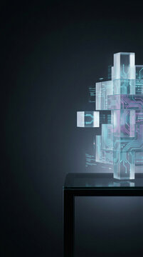 Abstract blockchain network made of illuminated circuit blocks on a dark pedestal. Digital ledger, data security, artificial intelligence, and fintech technology concept with copy space