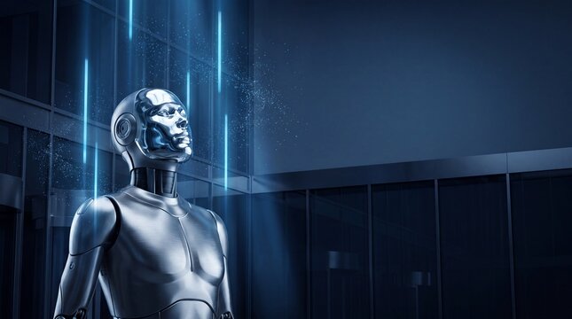 Humanoid robot stands in a modern futuristic building surrounded by digital light beams.