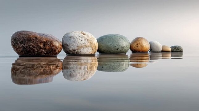 Zen Pebbles Row in Still Water with Perfect Reflection Video, Minimalist Balance Concept for Spa and Wellness, Peaceful Spiritual Meditation Background