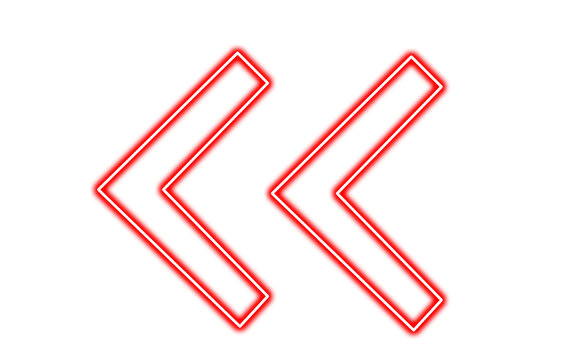 Red neon double left arrow symbols on white isolated on transparent background
