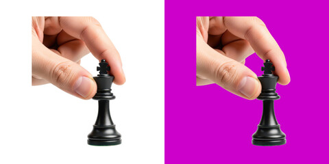 Human hand holding a black chess king piece for strategy game concept png © Abu