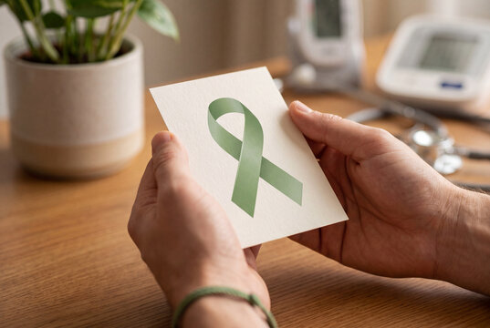 Hands holding a green awareness ribbon card on a medical office desk