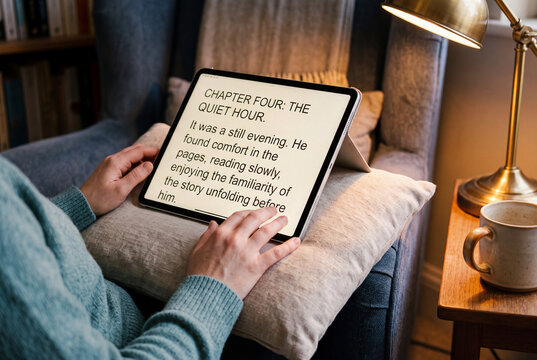 Person reading large text on a tablet in a cozy armchair by lamplight