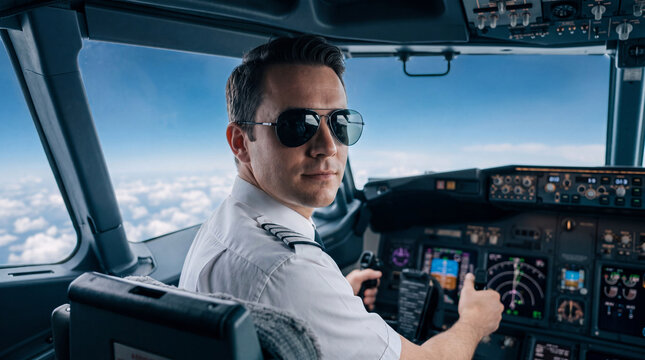 Pilot in aviator sunglasses at the controls of a commercial airliner cockpit