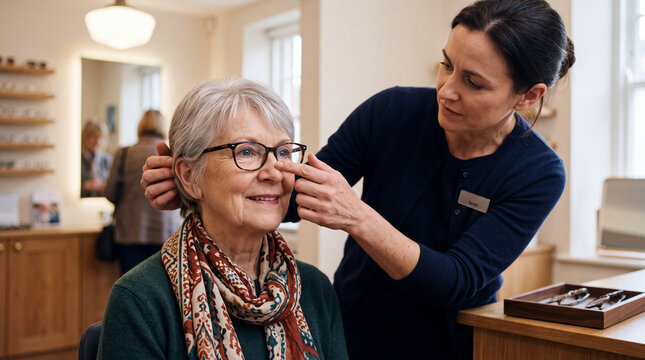Optician adjusting eyeglasses on a smiling senior woman in an optical shop