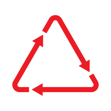Red triangular recycling symbol icon with three rotating arrows forming a triangle shape