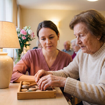 Senior woman sorting wooden memory objects with a therapist at a day center