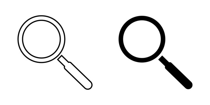 Black and white magnifying glass icon set for search and research tools
