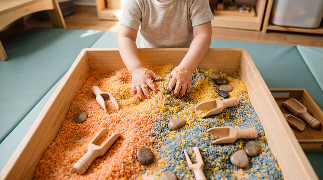 Child hands exploring a wooden sensory bin filled with dyed rice and scoops