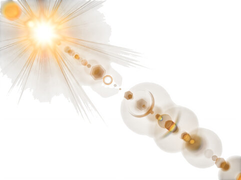 Isolated bright sun light flare effect with golden lens artifacts and starburst rays on transparent background 
