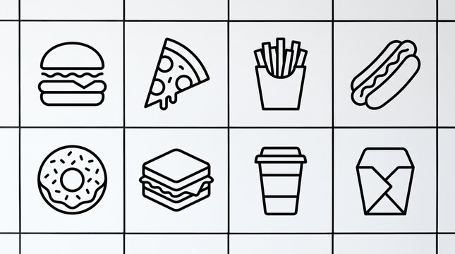 Minimal black line icons of fast food and drinks in 3x3 grid: burger, pizza, fries, hot dog, donut, sandwich, coffee, cup, straw; clean modern menu design.