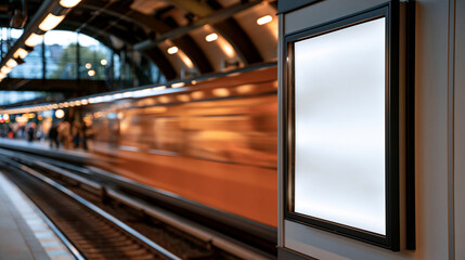 Obraz premium Blank advertising billboard screen framed in matte black metal on a bright subway station wall a train easing into the platform with a soft blur of orange carriage doors transit