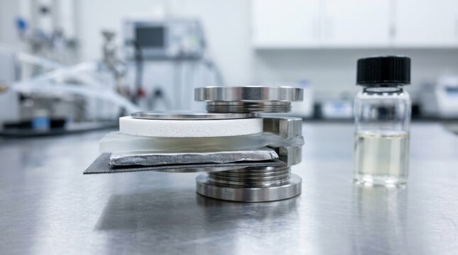 Solid-state battery research setup with lithium metal, ceramic separator, electrolyte film, carbon sheet, and glass vial on a clean lab bench.